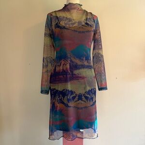 Multicolor Sheer Mountain-Print Long Sleeve Dress